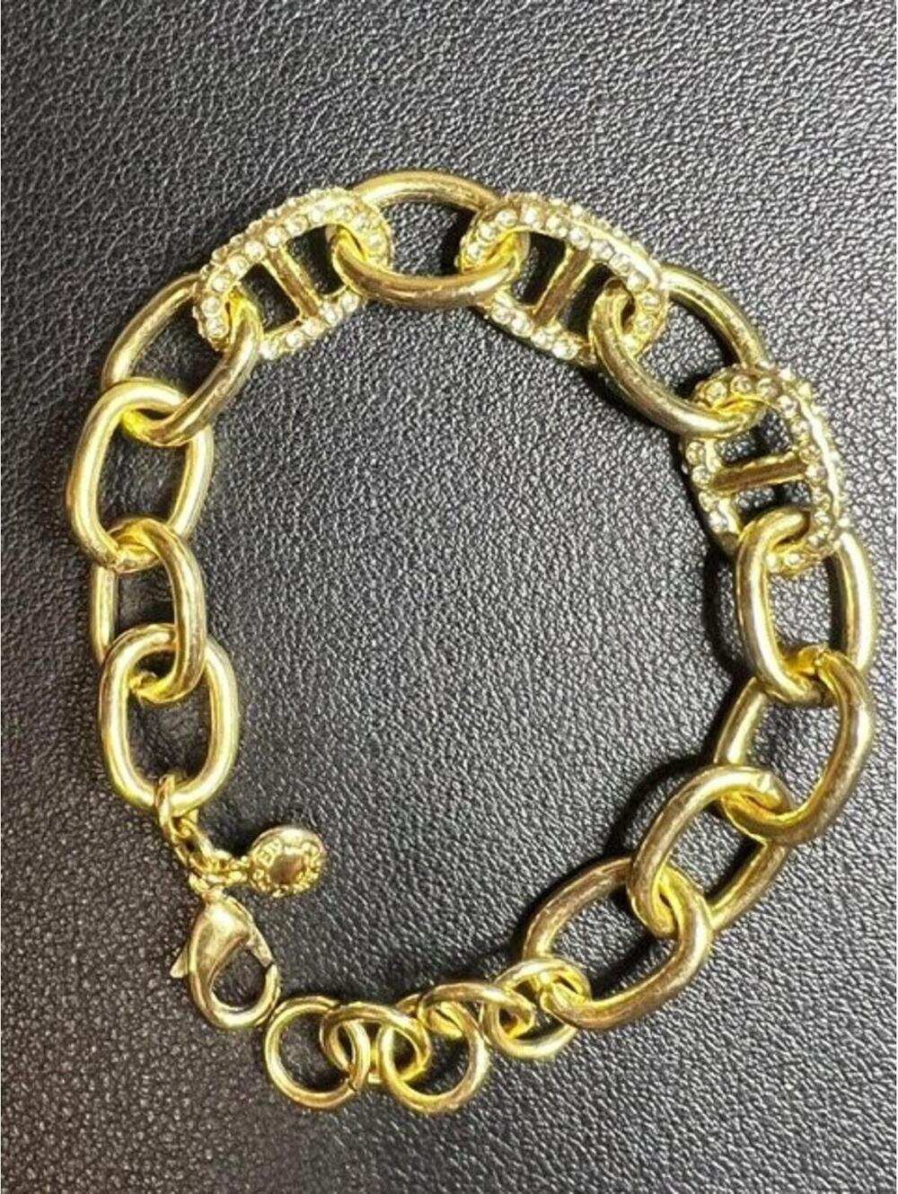 B4943 J.Crew Link Chain Bracelet Gold Tone Rhinestone Adjustable 7-8"